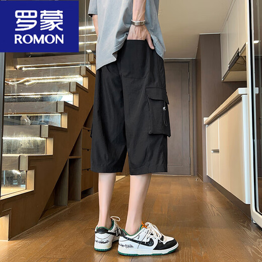 罗蒙（ROMON）军绿色工装短裤男夏季冰丝凉感七分裤子男潮牌宽松休闲哈伦运动裤 679军绿 M 约90-120斤可穿