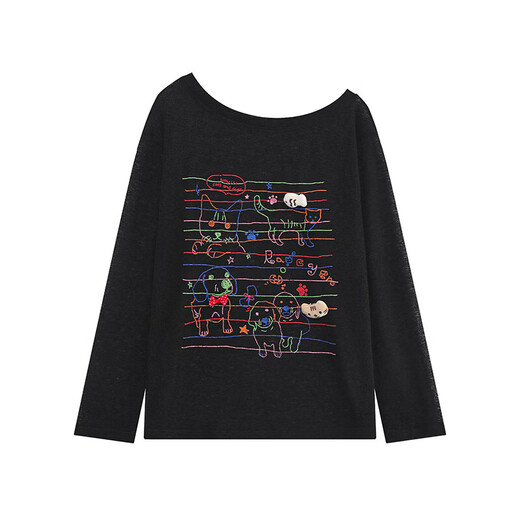 2025年甜美风线条猫咪狗狗印花长袖T恤女春夏微透感宽松防晒罩衫 杏色-锦鲤B114 L