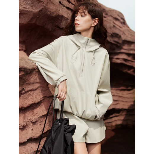 ELLE French workwear hooded windbreaker shorts two-piece set for women 2025 autumn new commuter casual sweatshirt set gray green M