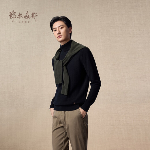 Ordos 1980 autumn and winter pure cashmere bottle collar basic cashmere men's high collar casual cashmere sweater pure black-25 XL 180/100A