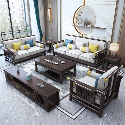 No. 1 Haoting Solid Wood Sofa Modern Chinese Rubber Wood Single and Double Three-person Small Apartment Combination Living Room Furniture New Model 9901# Five-person Seat + Guifei + Drawer Coffee Table [Frame] Cotton and Line Cloth Cover