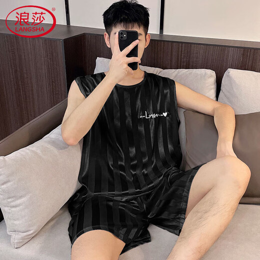
LangSha (LangSha) men's pajamas, men's children's junior high school students ice silk summer thin vest pajamas pants summer large size home clothing Love 9901 Navy men XL men (120-140Jin [Jin equals 0.5 kg])