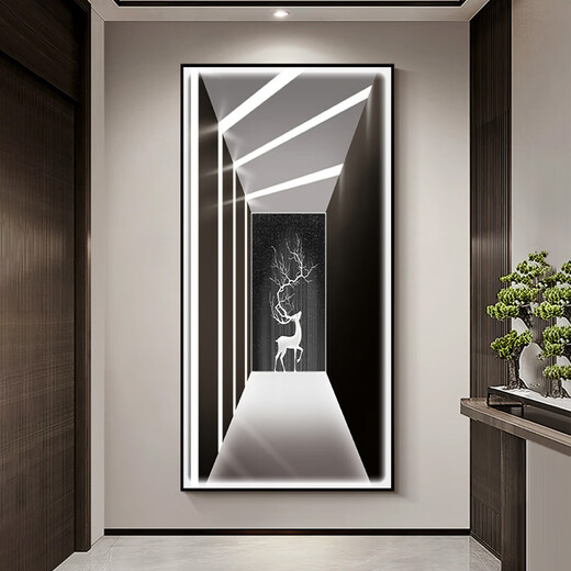 CLCEY入户玄关装饰画延伸空间壁画感竖版走廊过道挂画轻奢简约带灯 L3881 100*200拉丝金框晶瓷+镶钻LED灯