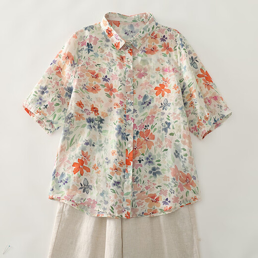 TUM! Hong Kong style retro printed cotton and linen short-sleeved shirt for women's summer large size loose and slim and breathable linen temperament elegant top yellow 1278 M recommended 115 Jin [Jin equals 0.5 kg] or less
