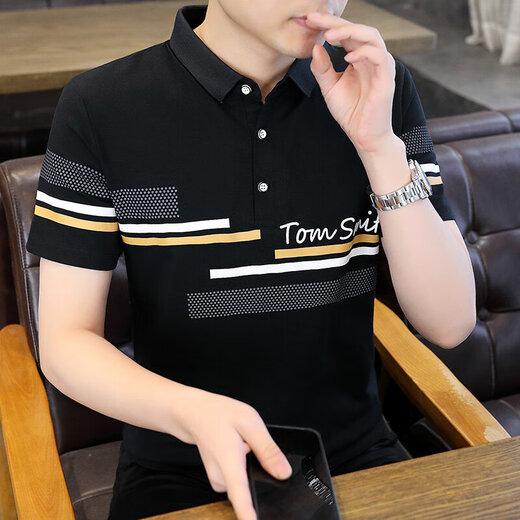 
Jiumuwang Men's Lapel Short Sleeve T-shirt Pure Cotton 2025 Summer New Style Dad Middle-aged and Young Slim Polo Shirt Striped Clothes K12129 Khaki + K12129 Black M