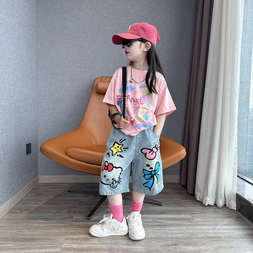 
Girls Summer Set 2025 New Fashionable Girls Fashionable Street Short Sleeve Children's Cartoon Jeans Two-Piece Set Set Thin 160