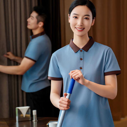 赛曼蝶家政保洁员专用工作服冰丝短袖定制夏季物业酒店客房清洁阿姨工衣 [口袋款]MSHJ9905-蓝灰色短袖上1 M