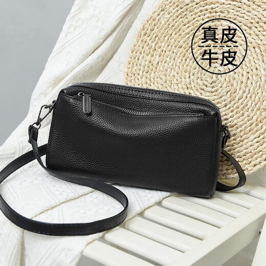 Lantianji genuine leather crossbody bag women's small bag 2025 new fashion shoulder bag versatile large capacity soft leather women's small square bag black