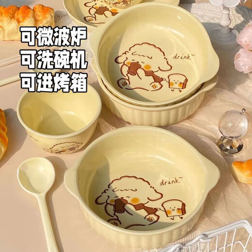 Milk fufu ceramic underglaze color double-eared bowl for one person household tableware set with spoon and chopsticks dormitory instant noodle salad bowl 4-piece set double-eared bowl + rice bowl + spoon + chopsticks