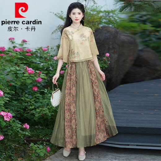 Pier Cardin summer new Chinese style oriental classical Chinese style jacquard slanted slanting temperament stand collar button top spliced ​​skirt suit 1043 green + 12161 brown L
