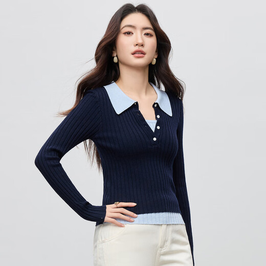 Shandubila wool fake two-piece sweater for women in autumn with contrasting color splicing polo collar slim stretch top