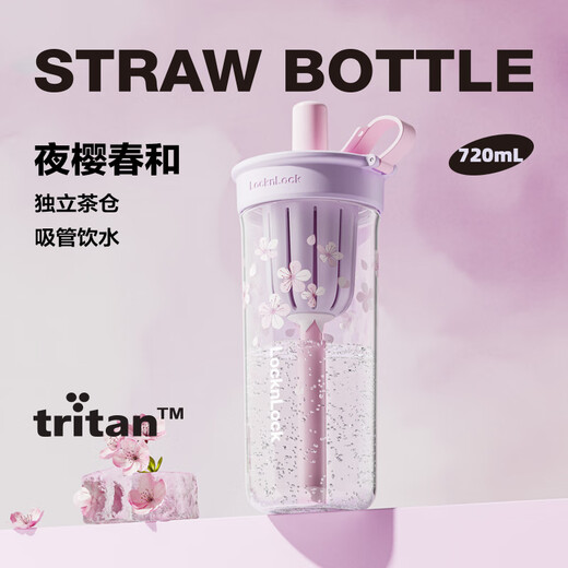 LOCK&LOCK Sakura Straw Milk Tea Cup Summer Plastic Water Cup Outdoor Portable Handle Water Cup 720mL White