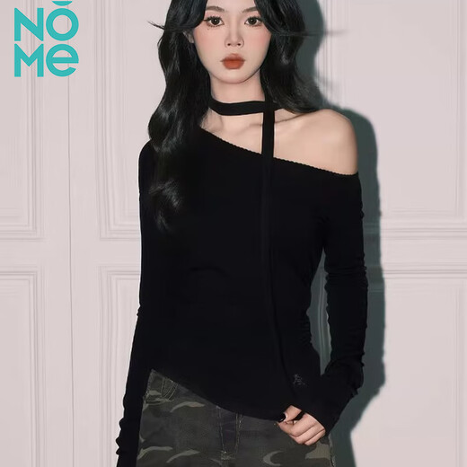 NOMe oblique shoulder slim long-sleeved T-shirt women's waist pleated design temperament streamer top bottoming shirt women black L