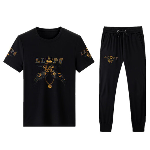 JEEP SPIRIT casual suit men's summer short-sleeved mulberry silkworm ice silk handsome match with Korean style fashion print trend 9227 black M 165