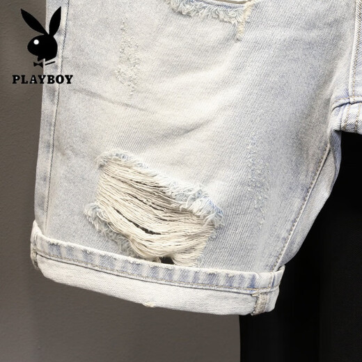 PLAYBOY (PLAYBOY) NUEVO Summer Old Light White Whisker rasgó pantalones de cuatro y cinco puntos para hombres Shorts versátiles versátiles (T693) Azul 31 (recomendado 120-130Jin [Jin equivale a 0.5 kg])