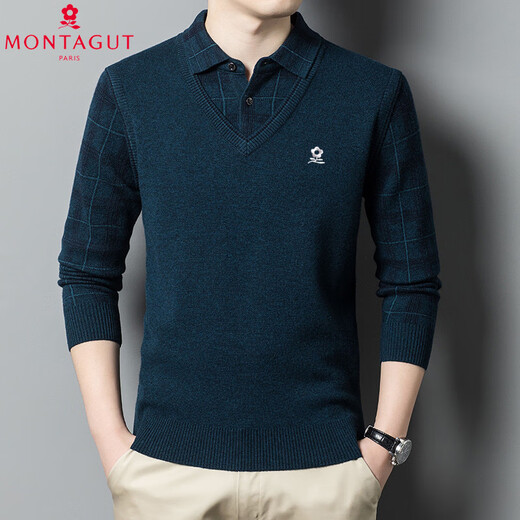 Montagnard fake two-piece cashmere sweater for men, thickened lapel, long-sleeved sweater, shirt collar, middle-aged dad's outfit, upper cyan 3XL 185 recommended 175-190 Jin Jin equals 0.5 kg to wear