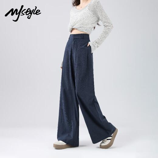 MJ STYLE wide-leg pants for women in summer thin high-waisted old-fashioned suit loose versatile straight-leg casual pants Navy blue M