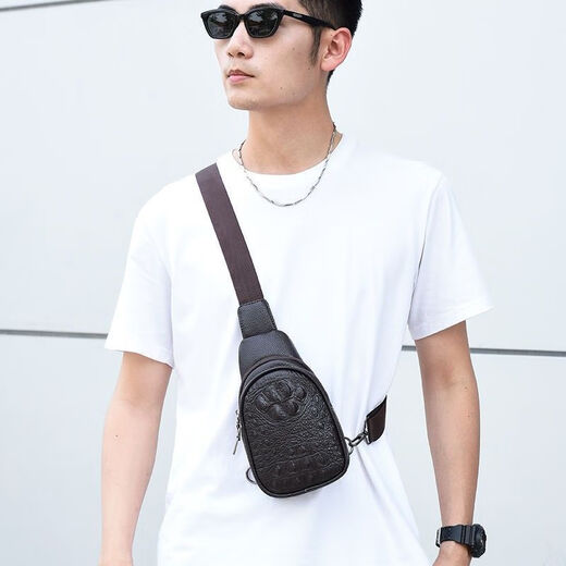 Kangaroo leather men's crossbody bag chest bag one-shoulder crocodile casual backpack new men's large capacity crossbody bag outdoor crocodile arm black two-layer cowhide