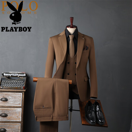 Playboy high-end suit suit men's formal business gentleman British fashion high-end Korean version slim casual professional suit JS9981 coffee color 6XL =185~210Jin Jin equals 0.5 kg