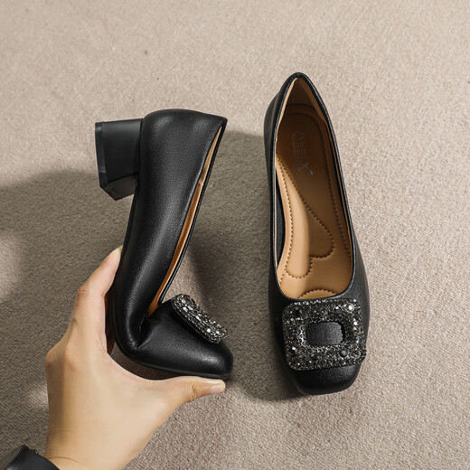 Huilijun Rock einzelne Schuhe für Frauen 2025 echtes Lederquadrat Zehen flacher Mund dicker Fersen Strass Square Schnalle Weiche Sohle nicht müde Füße Arbeit Schuhe Schwarze Y683-1 Schafmuster Strassschnalle 3.5 34