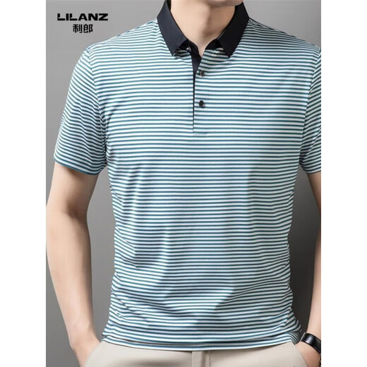 
Lilang men's lapel short-sleeved T-shirt summer striped young and middle-aged business casual POLO shirt ice-sensing breathable top Navy blue 13691 S 165