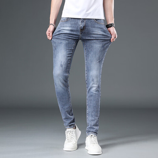 
AEMAPE new high-end jeans men's trendy summer thin slim-fitting small feet light color versatile casual elastic men's trousers blue (9901) thin 28 (100Jin [Jin equals about 0.5 kg])