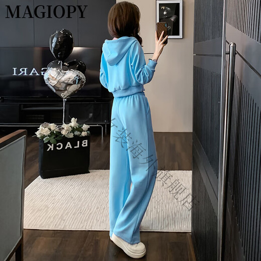 MAGIOPY国际奢侈高档品牌盐系炸街休闲运动套装女装春季洋气蓝色短款外套 蓝色两件套 S(100斤以内)