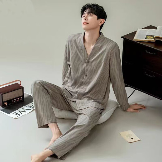 Cat Ren Nian Pajamas Men Summer Summer Spring de manga larga y otoño Estudiante de la solapa para hombres del hogar Juego de solapa de gran tamaño de gran tamaño