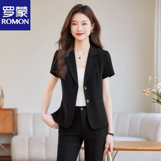 
ROMON official black short-sleeved suit set for women summer workwear thin style professional formal wear hotel reception A9928 one-button black suit S