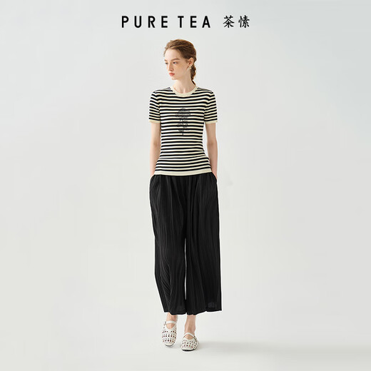 茶·愫【静奢千金】puretea茶愫层次风琴褶肌理感直筒阔腿裤2025夏新款 石墨黑 S