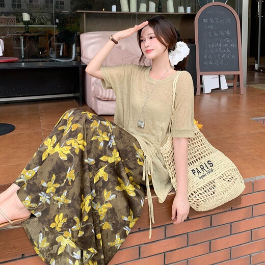 独束胖mm大码女冰丝针织上衣印花半身裙套装A1477上衣+21846半身裙 A1477豆绿色上衣(不含吊带)+2184 3XL[160-180] 均码