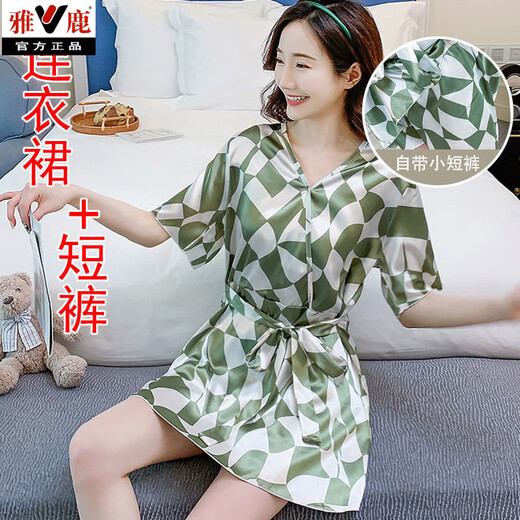 雅鹿网红大码200斤胖妹百搭冰丝睡裙女夏季薄款日式和服睡衣两件套装 1278白色圆圈字母【连衣裙+短裤 M 【80-95斤】