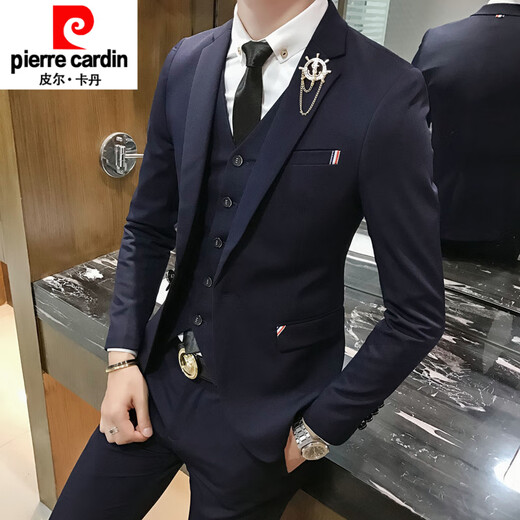 Pierre Cardin groom and groomsmen wedding suit Korean style small suit slim and trendy three-piece men's business casual formal suit New* black suit + double-breasted vest + trousers S
