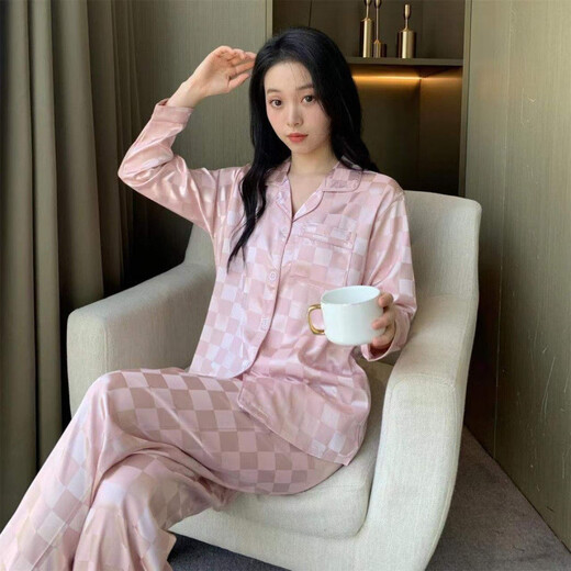 ZIPJBX睡衣女春秋两件套长袖仿真丝绸薄款夏天家居服套装 829#白色格子【长裤长袖】 M 【80-100斤】