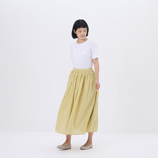 无印良品（MUJI）女式 强捻抽褶裙 长半身裙女夏季款裙子25年新品女装纯棉BE1VCC5S 黄色 M (160/66A)