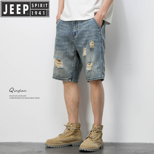 Jeep Spirit American Casual Retro Beggar a déchiré un short denim Shorts pour hommes et un pantalon à cinq points à la mode masculin en été. Moyen 719 bleu 28 95-110jin [Jin est égal à 0,5 kg]