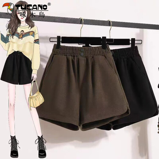Woodpecker Small Woolen Shorts Women's Autumn and Winter Plus Size Outerwear High Waist A-Line Boot Pants Brown Slim Casual Pants Black XL Recommended 115-130 Jin Jin equals 0.5 kg