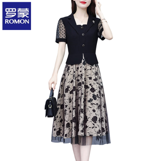 Romon (Romon) mittlere Frau mittleren Alters, Sommerkleid für Frauen Neues Stil Mode Temperament Mesh Fake zweiteiliger Anzug Rock Schwarz L (110jin [Jin gleich 0,5 kg] oder weniger)