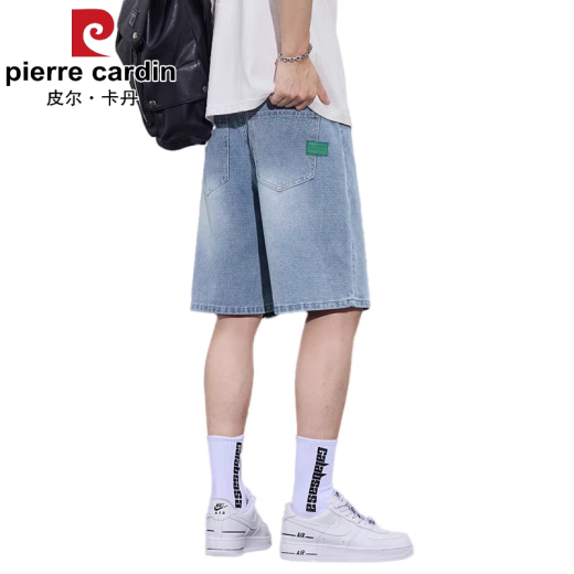 皮尔卡丹（pierre cardin）牛仔短裤男士夏季薄款弹力宽松潮牌中裤2025新款休闲男装五分裤子 1315浅蓝色 28