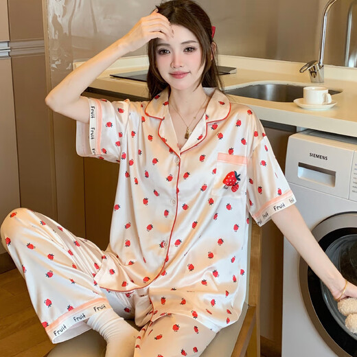 Pajama de seda de hielo transfronterizo antártico para mujeres Lindo estilo Bear Summer NUEVO ALIMO ALIMO CAREATE Pantalones de manga corta Conjunto de ropa para el hogar YFY9905# M 170 [sugerido 80-100Jin [Jin iguala 0.5 kg]]]