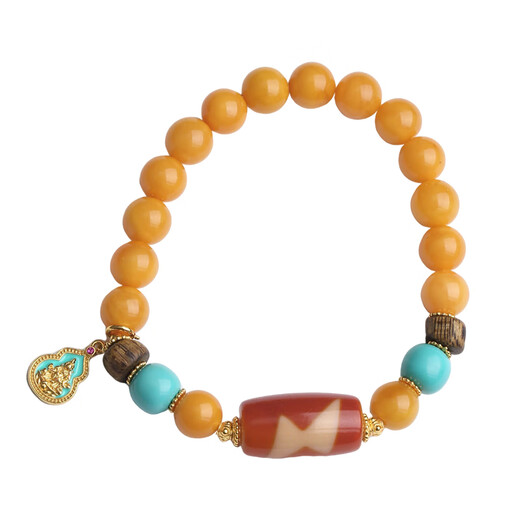 Potala Palace Beeswax Red Flesh Dzi Beads Bracelet for Men and Women Beaded Amber Color Treasure-style Plate Bracelet for Girlfriend’s Birthday Gift