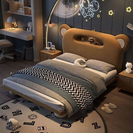 New children's bed creative leather bed boy bear bedside storage modern solid wood soft package cartoon style round foot bed bed + 20cm Simmons 808 latex pad - free installation 1500mm*2000mm frame structure
