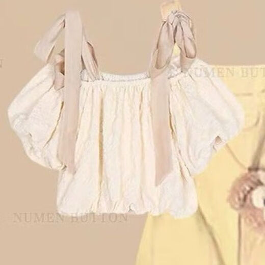 
Mikeshan girls summer suit 2025 new Ouruo style sweet short-sleeved top Academy slimming overalls two-piece set Puff sleeve top + denim overalls 150