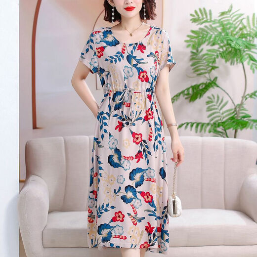 Hanqing Zhongsu Summer Floral Cotton Silk Robe Fomen in Women's Summer Round Coul Round Style Co dans la mode de grande taille de grande taille du tempérament d'âge moyen 9923 Modèle n ° 3 XL (Recommandé 90jin [Jin est égal à 0,5 kg] -120jin [Jin est égal à 0,5 kg]))