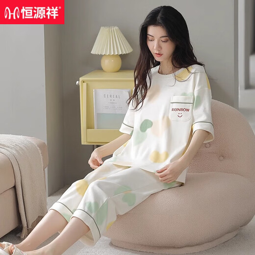 Hengyuanxiang 2025 pajamas for women in summer pure cotton short-sleeved cropped pants can be worn on the outside sweet and casual cotton home clothes can be worn on the outside 9854 [Shorts] M [Suggested 75-90Jin [Jin equals 0.5 kg]]