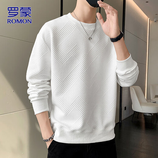 ROMON sweatshirt men's spring and autumn casual long-sleeved T-shirt men's jacket men's clothing bottoming shirt top white L