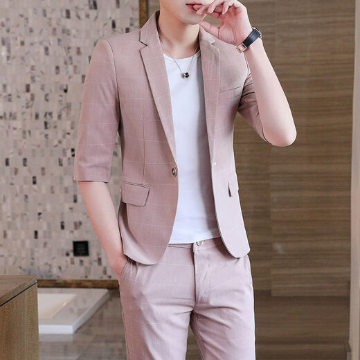 Heyu summer suit casual thin mid-sleeved plaid small suit men Korean style slim green men's seven-quarter sleeve jacket T9926-Grey M [90-105Jin[Jin equals 0.5 kg]]