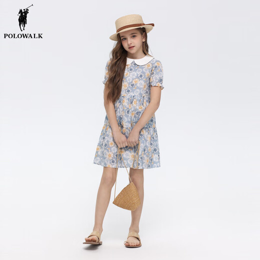 POLOWALK Cotton Summer Children's Clothing Girls Dress 25 Summer New Vacation Style Printed Versatile Skirt Blue 110