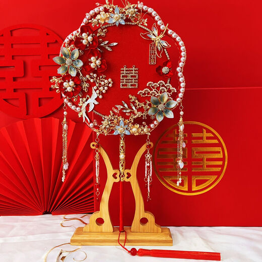 呦依中式双面双圈团扇diy材料包新娘结婚龙凤秀禾服手捧花束 红妆/花成品+礼盒