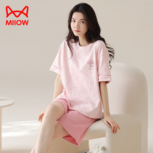 猫人（MiiOW）夏季纯棉睡衣女士2025新款短袖女款家居服大码夏天套装可外穿薄款 A9859 樱桃红 XL 120-140斤】